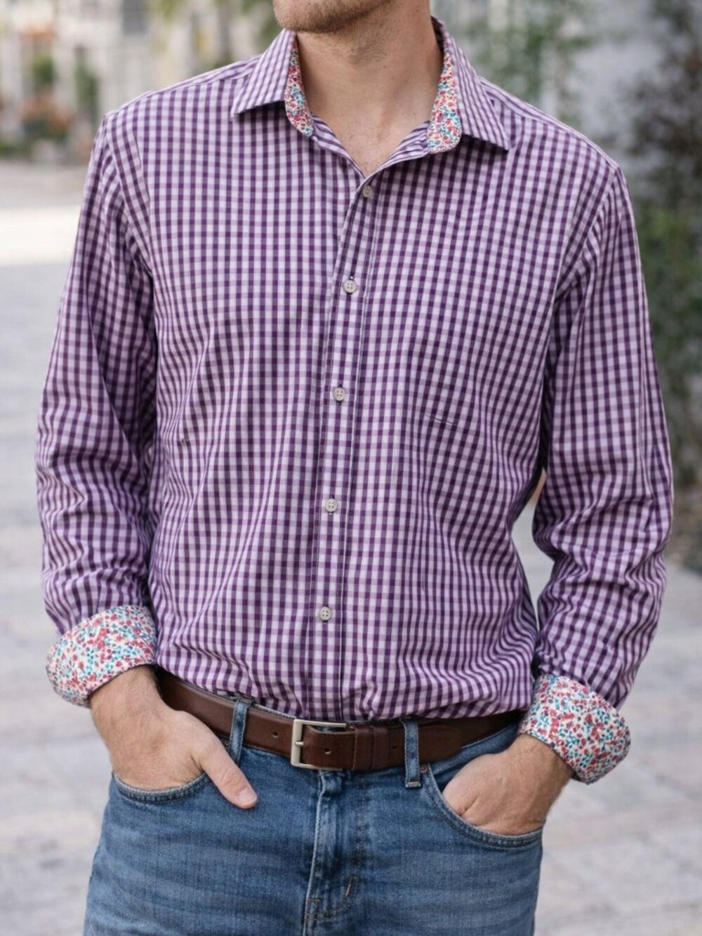 Bugatchi Uomo Purple Plaid Shirt Mens Large Flip Cuff Floral Trim Button Down